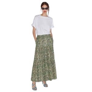 ZARA Floral Green Pink Maxi Skirt Tiered Full Twirl Size S M Boho Festival Party